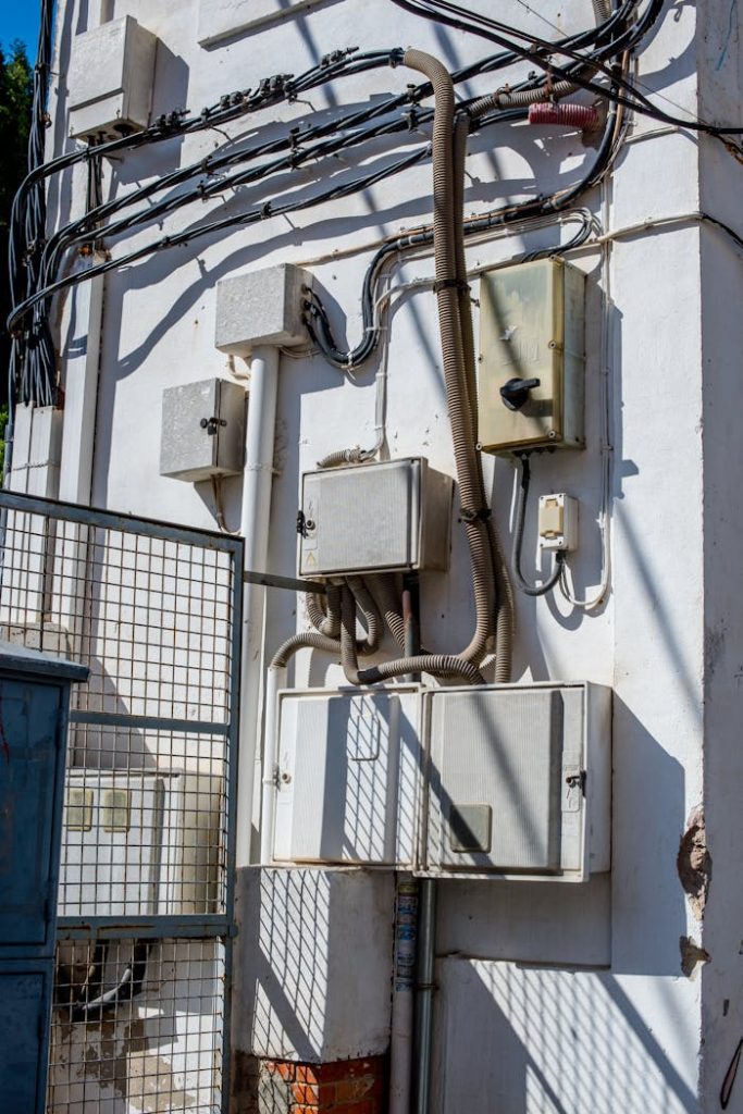 pexels-photo-29177620 Close-up of outdoor electrical boxes and wiring system mounted on a white wall in daylight.