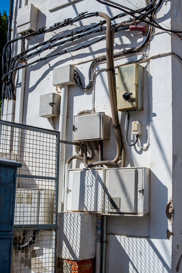 services-02 Close-up of outdoor electrical boxes and wiring system mounted on a white wall in daylight.